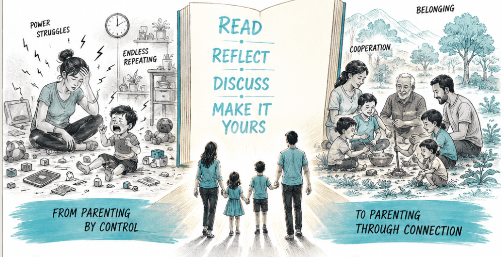 From parenting by control to parenting through connection — a family walks into an open book that reads Read, Reflect, Discuss, Make It Yours